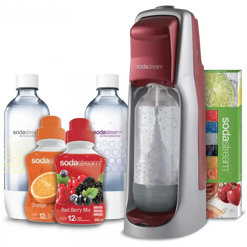 SODASTREAM Trinkwassersprudler Jet Red/Silver + 2 Sirup + 2 x 1L Flasche Saisonangebot