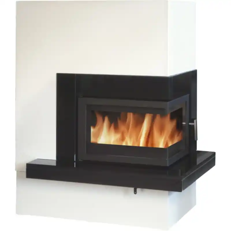 Jetzt Bestellen ABX PATEO Holz-Kamin eckig, Weißer Sockel, Verkleidung schwarzer Granit, rechts