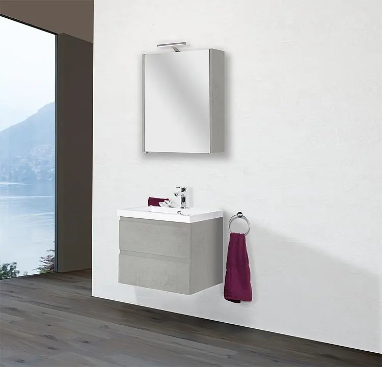 Billig Badmöbel-Set ELAI Serie MBO Eiche grau Steind. Breite 600mm 2 Auszüge