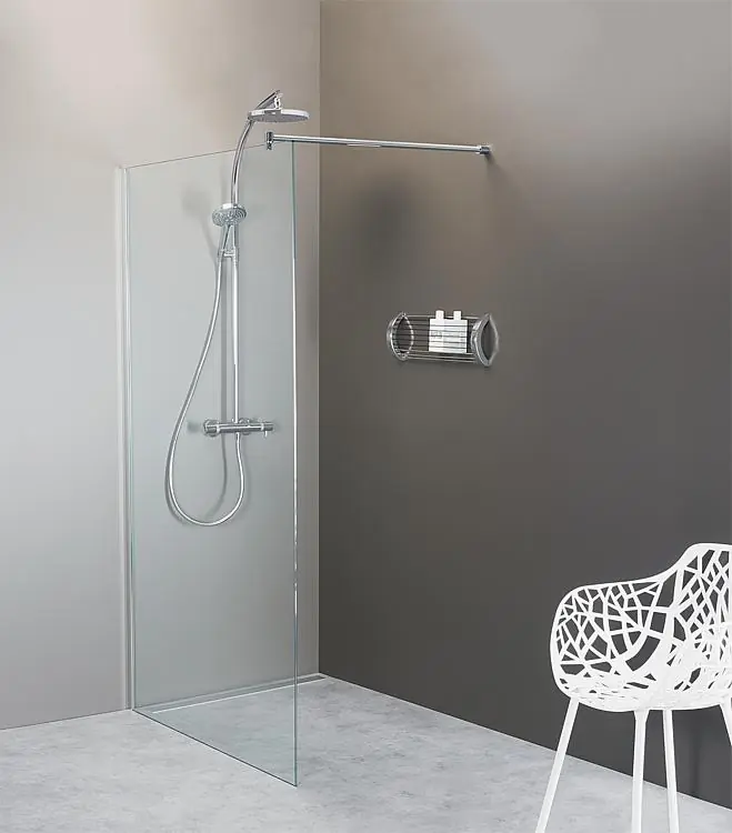 Walk-In Glasdus. mit ETC und Wandprofil+Stabi.-Stange rund, 780x2000x8mm, ESG transparent Echt