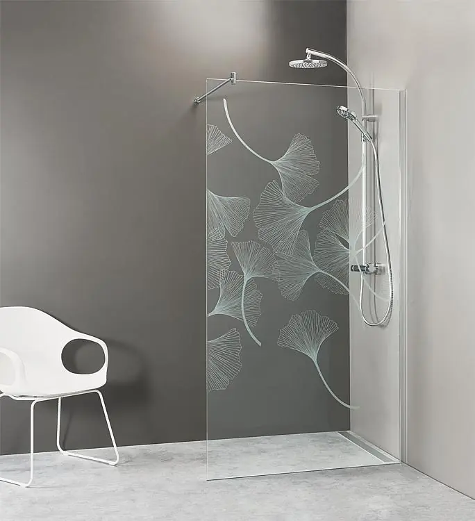 Walk-In Glasdus. mit ETC und Wandprofil+Stabi.-Stange rund, 680x2000x8mm ESG Siebd. Ginko Meistverkauft