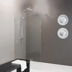 Zertifiziert Walk-In Glasd. m. ETC Innenbünd. Wandbeschläge+Stabi.-Stange 1080x2000x8mm ESG transpa.
