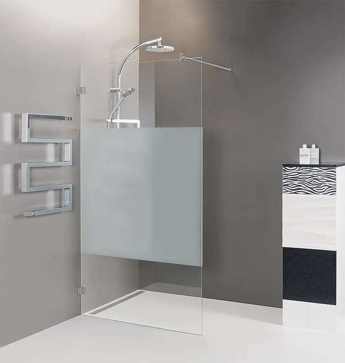 Walk-In Glasd. m. ETC Innenbünd. Wandbeschläge+Stabi.-Stange 880x2000x8mm Siebdruck mittig Mega-Angebot