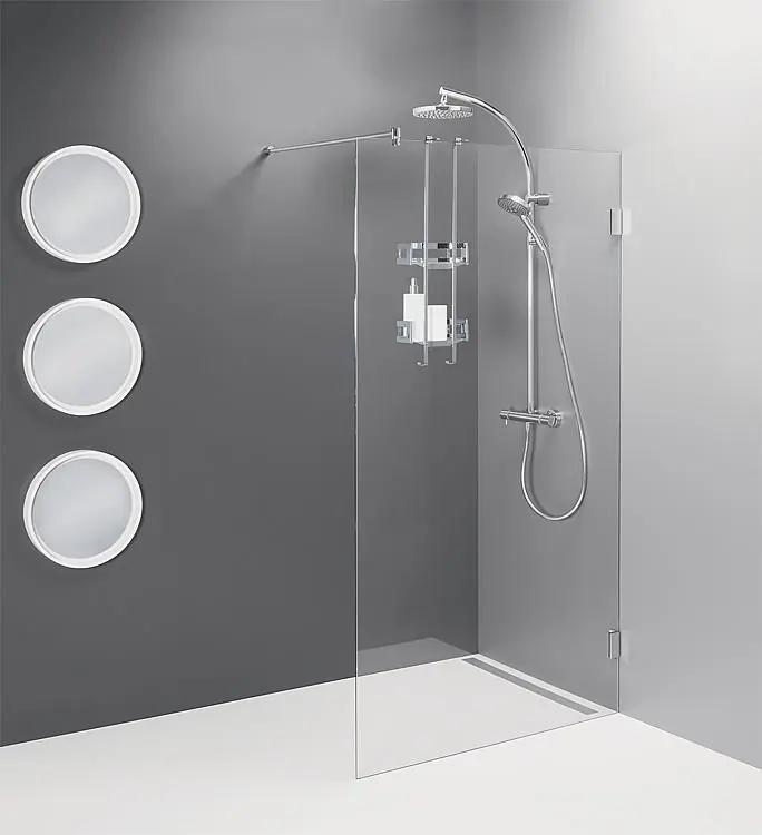 Geprüft Walk-In Glasduschwand mit Wand- beschlägen+Stabi.-Stange rund, 680x2000x8mm ESG mit ETC