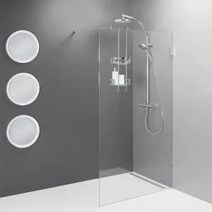 Ausverkauf Walk-In Glasduschwand mit Wand- beschlägen+Stabi.-Stange rund, 1080x2000x8mm ESG mit ETC