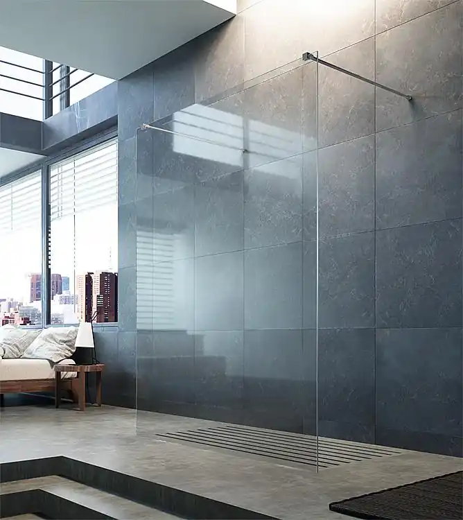 Walk-In Glasduschwand 865x2000x8 mm ESGFloatglas mit ETC, mit 2 Stabilisationsstangen Finale Aktion