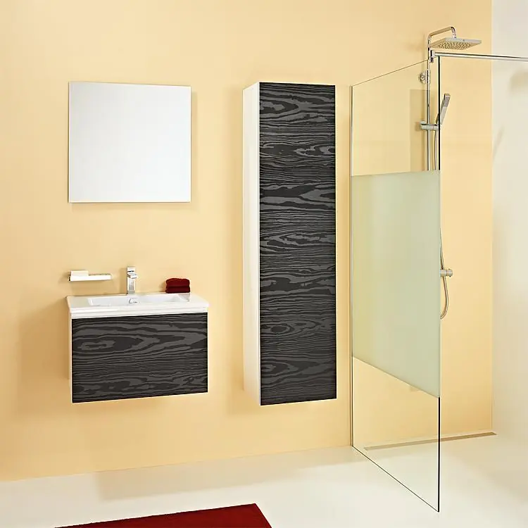 Badmöbel-Set ELA Korpus Weiß Front Seekiefer Schwarz 610mm mit Hochschrank Anschlag rechts Versand Am Gleichen Tag