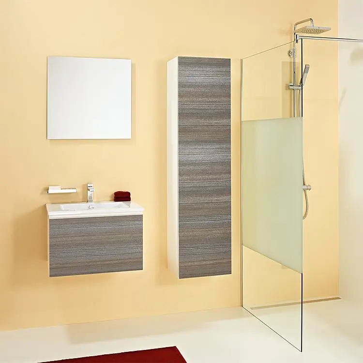 Badmöbel-Set ELA Korpus Weiß Front Teak610mm mit Hochschrank Anschlag links Abverkauf