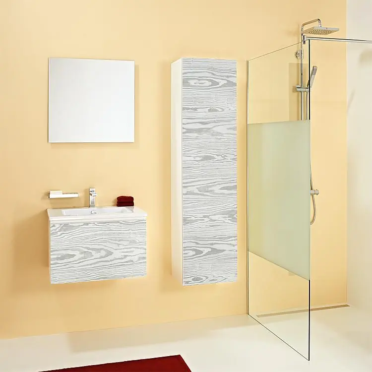 Finale Aktion Badmöbel-Set ELA Korpus Weiß Front Kiefer Silbergrau 610mm mit Hochschrank Anschlag rechts