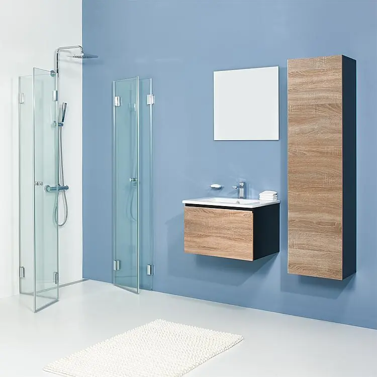 Top-Seller Badmöbel-Set ELA Korpus Schwarz Front Eiche Sägerau 610mm mit Hochschrank