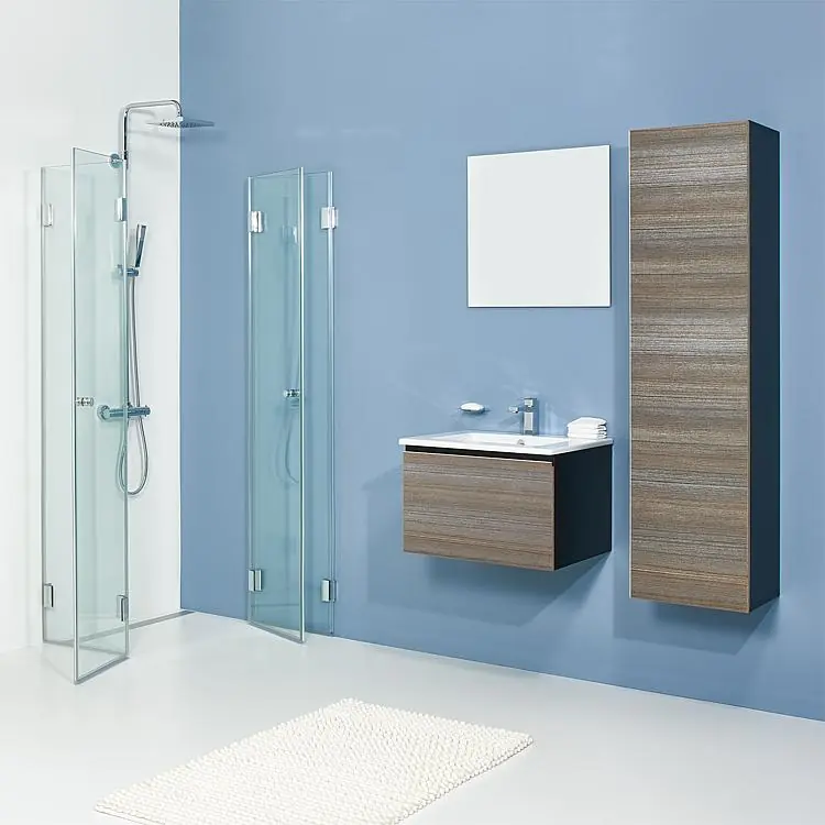 Neu Badmöbel-Set ELA Korpus Schwarz Front Teak 610mm mit Hochschrank Anschlag rechts