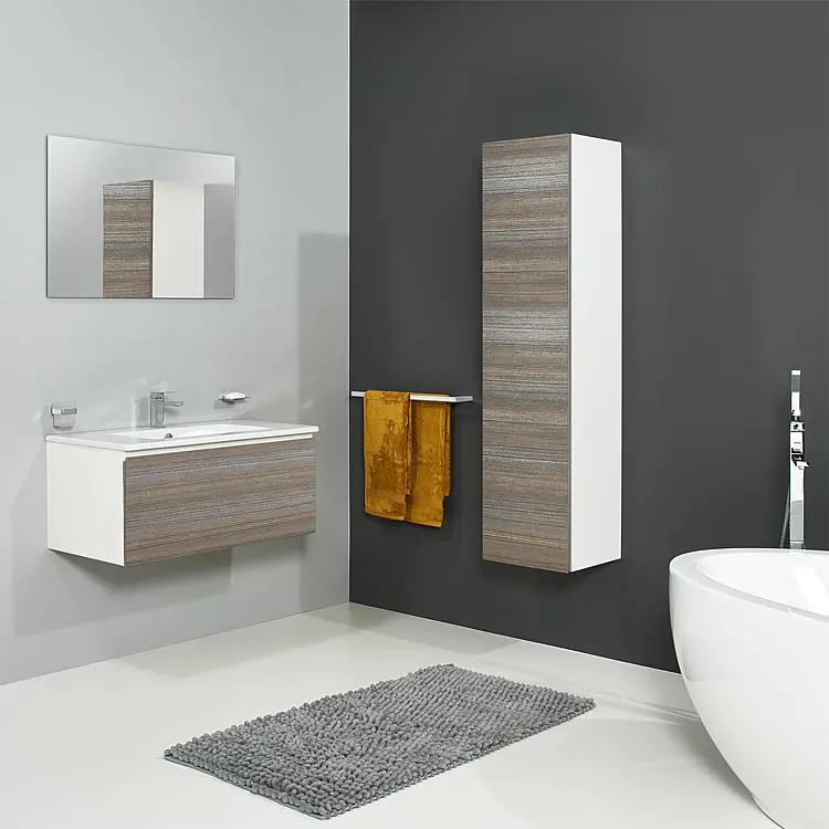 Markenware Badmöbel-Set ELA Korpus Weiß Front Teak910mm mit Hochschrank Anschlag rechts