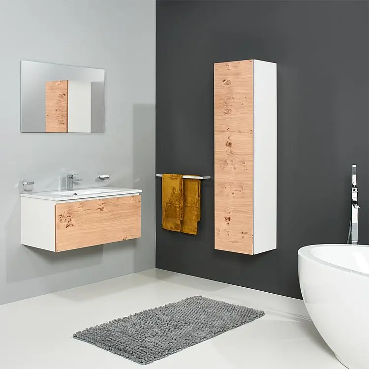 Badmöbel-Set ELA Korpus Weiß Front Eiche Furnier Hell 910mm mit Hochschrank Neuheit