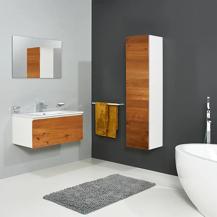 Badmöbel-Set ELA Korpus Weiß Front Eiche Furnier Dunkel 910mm mit Hochschrank Ausverkauf