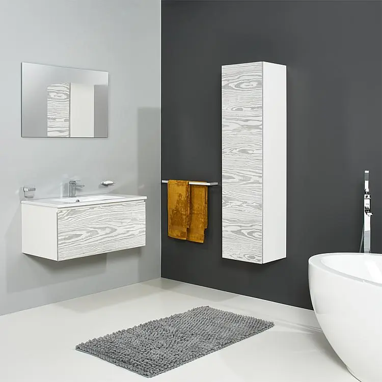 Badmöbel-Set ELA Korpus Weiß Front Kiefer Silbergrau 910mm mit Hochschrank Anschlag rechts Bestpreis