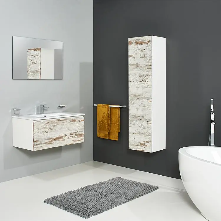 Sonderaktion Badmöbel-Set ELA Korpus Weiß Front Lärche Weiß Used 910mm mit Hochschrank Anschlag rechts