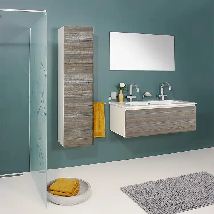 Echt Badmöbel-Set ELA Korpus Weiß Front Teak1210mm mit Hochschrank Anschlag rechts