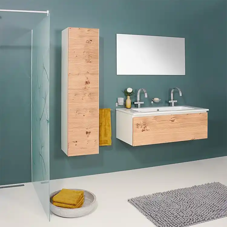 Badmöbel-Set ELA Korpus Weiß Front Eiche Furnier Hell 1210mm mit Hochschrank Markenware
