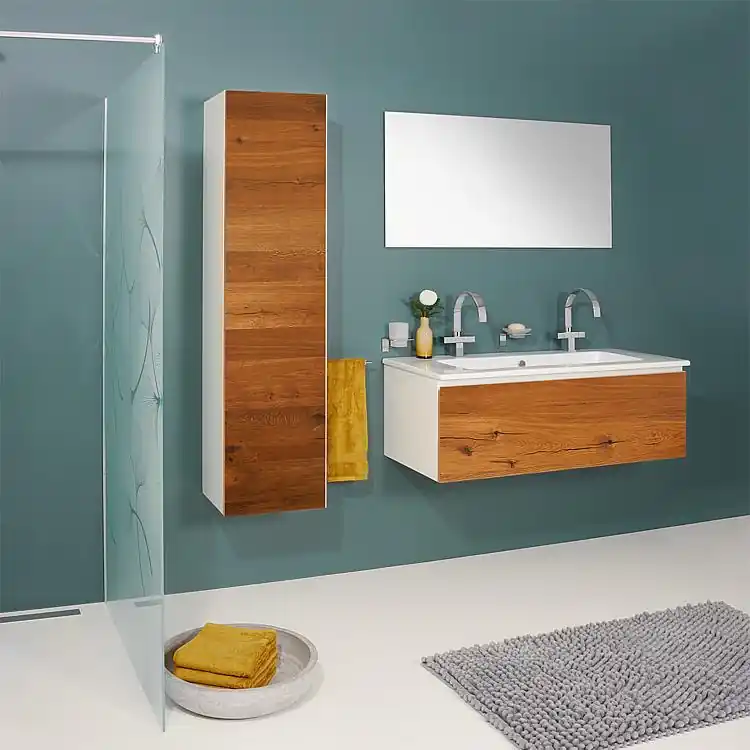 Badmöbel-Set ELA Korpus Weiß Front Eiche Furnier Dunkel 1210mm mit Hochschrank Top-Seller