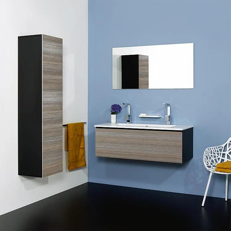 Garantierte Lieferung Badmöbel-Set ELA Korpus Schwarz Front Teak 1210mm mit Hochschrank Anschlag rechts