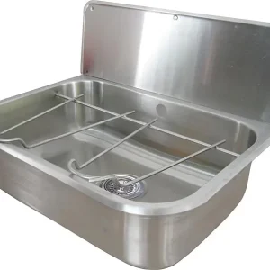 Billig Ausgussbecken Edelstahl mit Spritzrückwand + Klapprost, 565 x 405mm