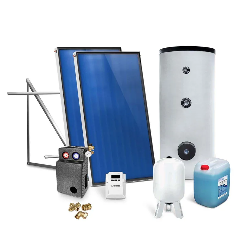 Solar-Paket für Brauchwasser 2x AMP 2.0 Flachkollektor 4,02 qm 300 Liter Solar-Brauchwasserspeicher Flachdachmontage Markenware