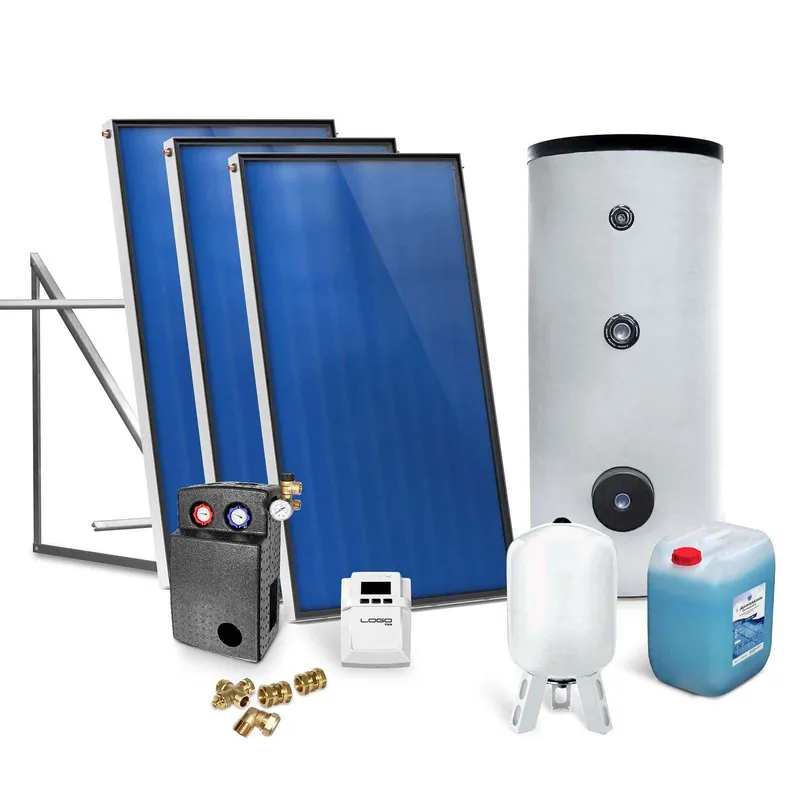 Aktuell Solar-Paket für Brauchwasser 3x AMP 2.0 Flachkollektor 6,03 qm 400 Liter Solar-Brauchwasserspeicher Flachdachmontage