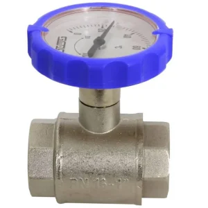 Muffen-Kugelhahn PN 16, G 1 Zoll mit rundem Thermometergriff (blau, Ø 63 mm) Neue Kollektion