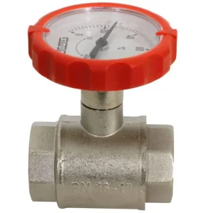 Muffen-Kugelhahn PN 16, G 1 Zoll mit rundem Thermometergriff (rot, Ø 63 mm) Neue Kollektion