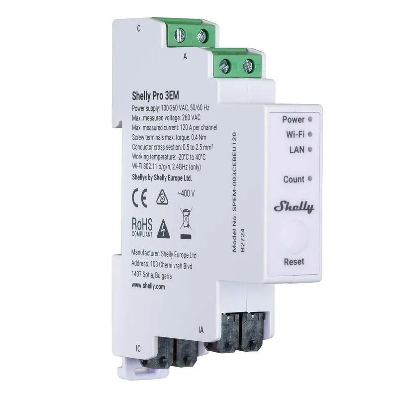 Sale Shelly Stromzähler Pro 3EM, WLAN LAN, 3 Phasen, 3x 120A, Inkl. 3 Klemmen, BT, Messfunktion, Hutschiene
