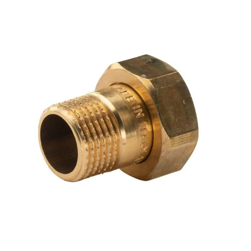 Ausverkauf Messing Gewinde-Fitting Schaft flachdichtend mit Kappe 1/2"AG (DN 15) - 3/4"IG (DN 20) - schwere Ausführung