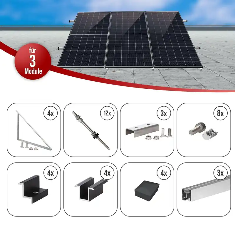 Markenprodukt Selfio Flachdach- und Wandmontageset zur vertikalen Montage (Portrait) von 3 Photovoltaik-Modulen