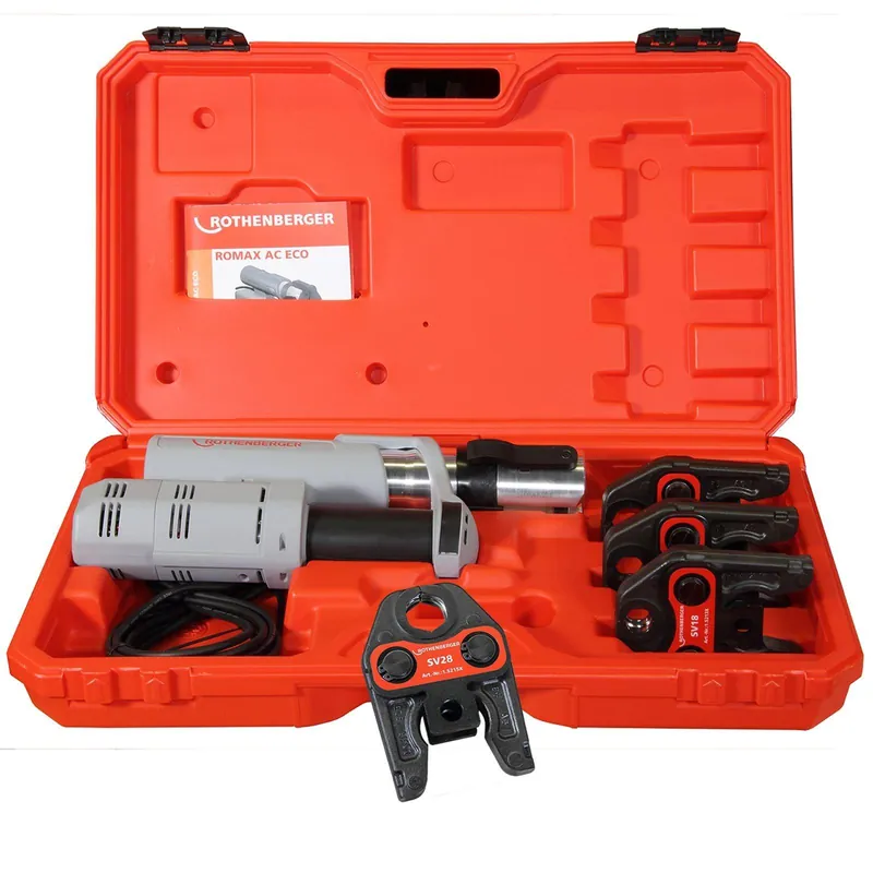 Rothenberger elektrohydraulische Fitting - Pressmaschine ROMAX AC ECO, Set mit Pressbacken Kontur "V" Kracherpreis
