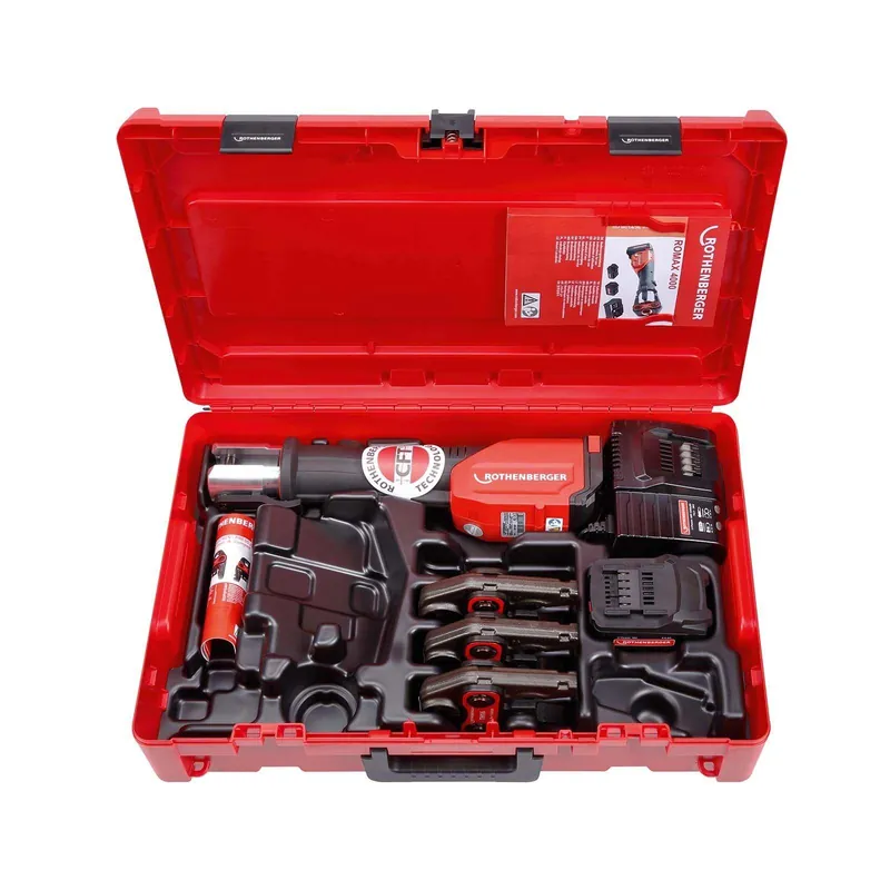 Ausverkauf Rothenberger ROMAX 4000 elektrohydraulische Fitting - Pressmaschine Set Basic mit Pressbacken U 16-20-26 mm