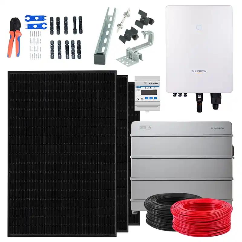 Nur Heute Sungrow Set 5 kWp Sungrow SH5.0RT Sungrow 6,4 kWh Speicher 12x 450W JaSolar Full Black 12x Unterkonstruktion 2x 50 Meter Kabel inkl. Montage-Set