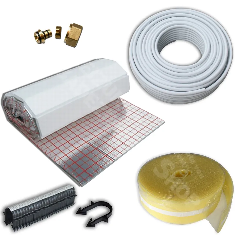 Zertifiziert 10m² Fußbodenheizung Set m. Rolljet Dämmung, Aluverbundrohr PEX , Randband, Tackernadeln