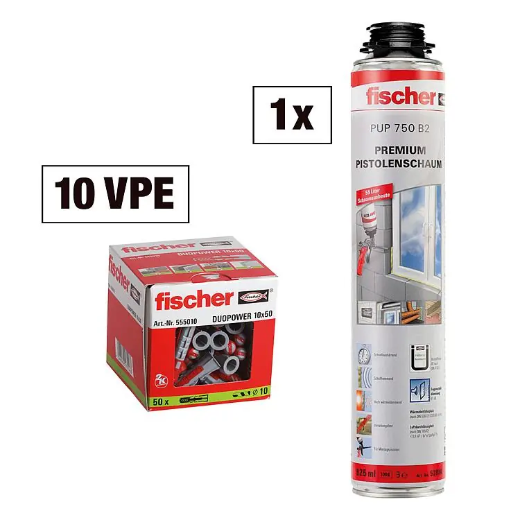 Geprüft Dübel Fischer Duopower-Paket 10x50, 10 x VPE 50 Stück + 1x PU-Schaum gratis